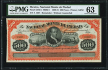 Mexico Nacional Monte de Piedad 500 Pesos 1880-81 Pick S270r1 M696r1 Remainder PMG Choice Uncirculated 63. Remainder without counterfoil.

HID09801242...