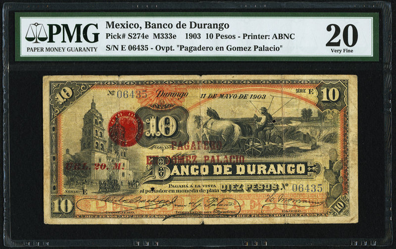 Mexico Banco de Durango 10 Pesos 11.5.1903 Pick S274e M333e PMG Very Fine 20. Sp...