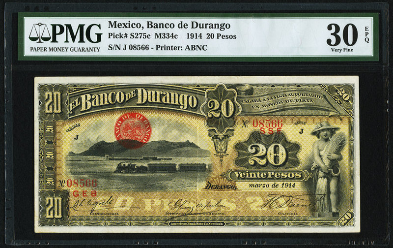 Mexico Banco de Durango 20 Pesos 3.1914 Pick S275c M334c PMG Very Fine 30 EPQ. 
...