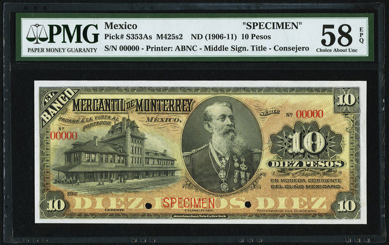 Mexico Banco Mercantil de Monterrey 10 Pesos ND (1906-11) Pick S353As M425s2 Spe...