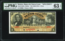 Mexico Banco de Nuevo Leon 1 Peso ND (1892-1914) Pick S359s M433s Specimen PMG Choice Uncirculated 63 EPQ. Two POCs.

HID09801242017