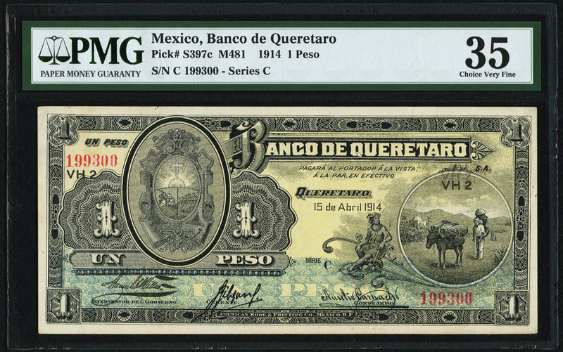 Mexico Banco de Queretaro 1 Peso 15.4.1914 Pick S397c M481 PMG Choice Very Fine ...