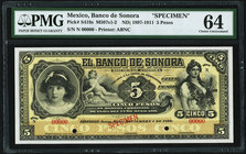 Mexico Banco de Sonora 5 Pesos ND 11.1.1899 Pick S419s M507s1-2 Specimen PMG Choice Uncirculated 64. Two POCs; pinhole

HID09801242017