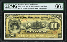 Mexico Banco de Sonora 100 Pesos ND (1898-1911) Pick S423r M511r Remainder PMG Gem Uncirculated 66 EPQ. 

HID09801242017