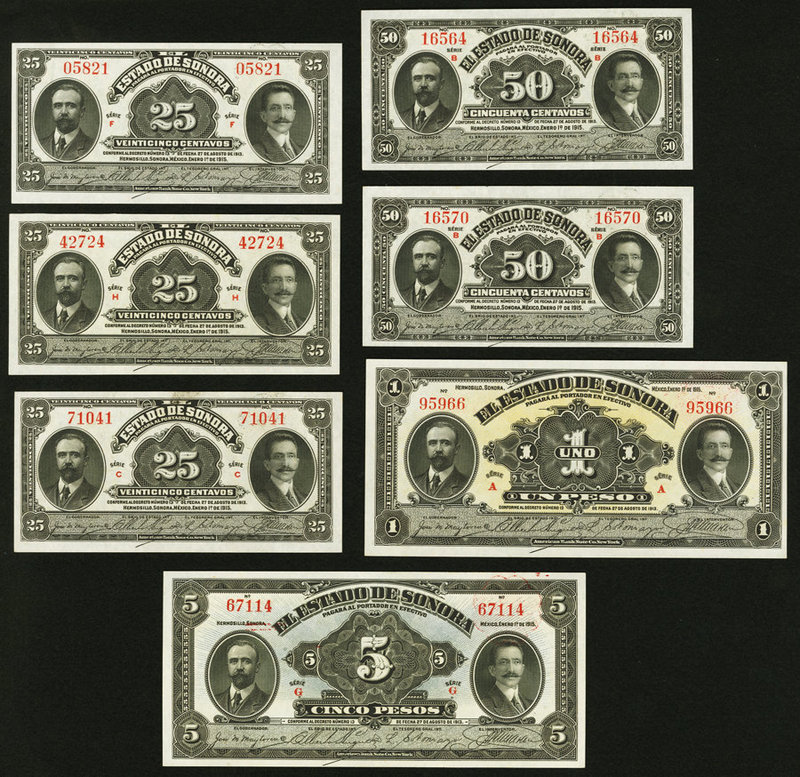Seven Low Denomination Notes from the Estado De Sonora in Mexico. Crisp Uncircul...