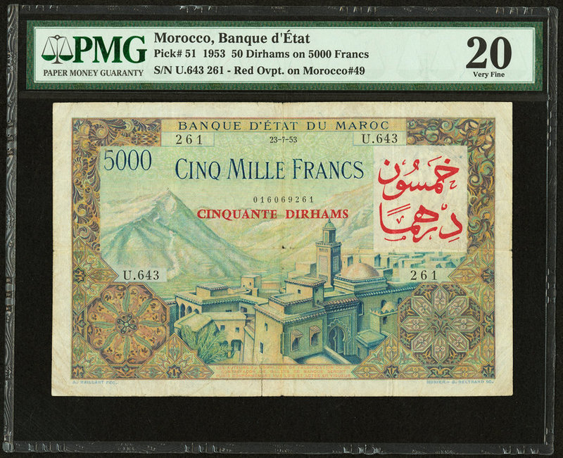 Morocco Banque d'Etat du Maroc 50 Dirhams on 5000 Francs 23.7.1953 Pick 51 PMG V...