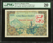 Morocco Banque d'Etat du Maroc 50 Dirhams on 5000 Francs 23.7.1953 Pick 51 PMG Very Fine 20. Tear repair.

HID09801242017