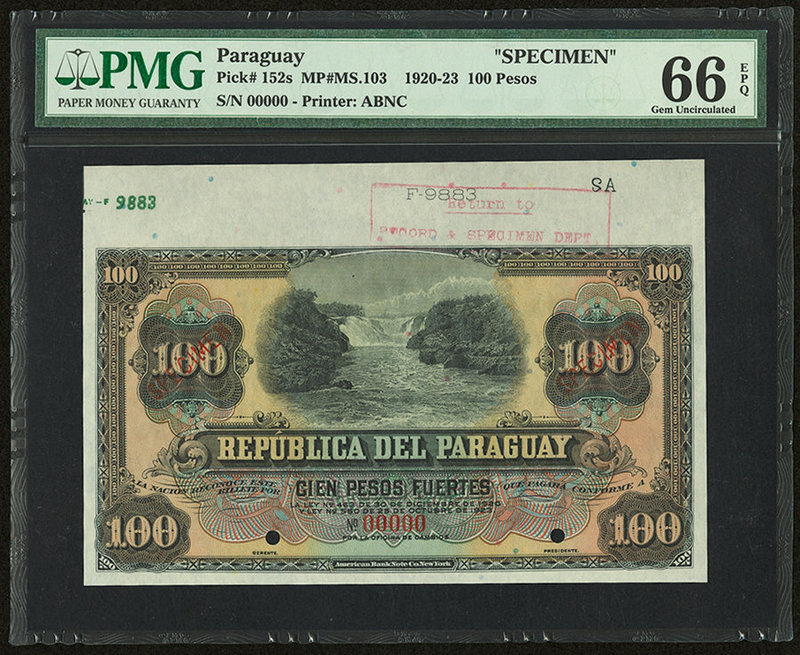 Paraguay Republica del Paraguay 100 Pesos 25.10.1923 Pick 152s Specimen PMG Gem ...