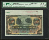 Paraguay Republica del Paraguay 100 Pesos 25.10.1923 Pick 152s Specimen PMG Gem Uncirculated 66 EPQ. Two POCs; printer's stamp.

HID09801242017