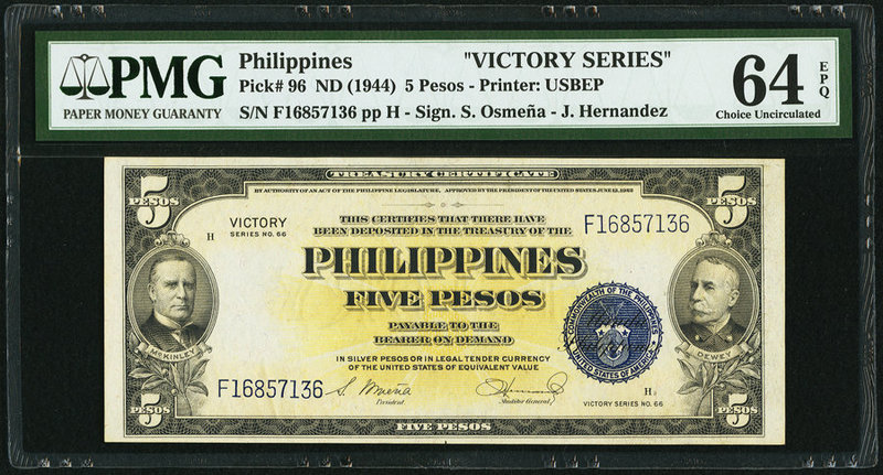 Philippines Victory Series 5 Pesos ND (1944) Pick 96 PMG Choice Uncirculated 64 ...