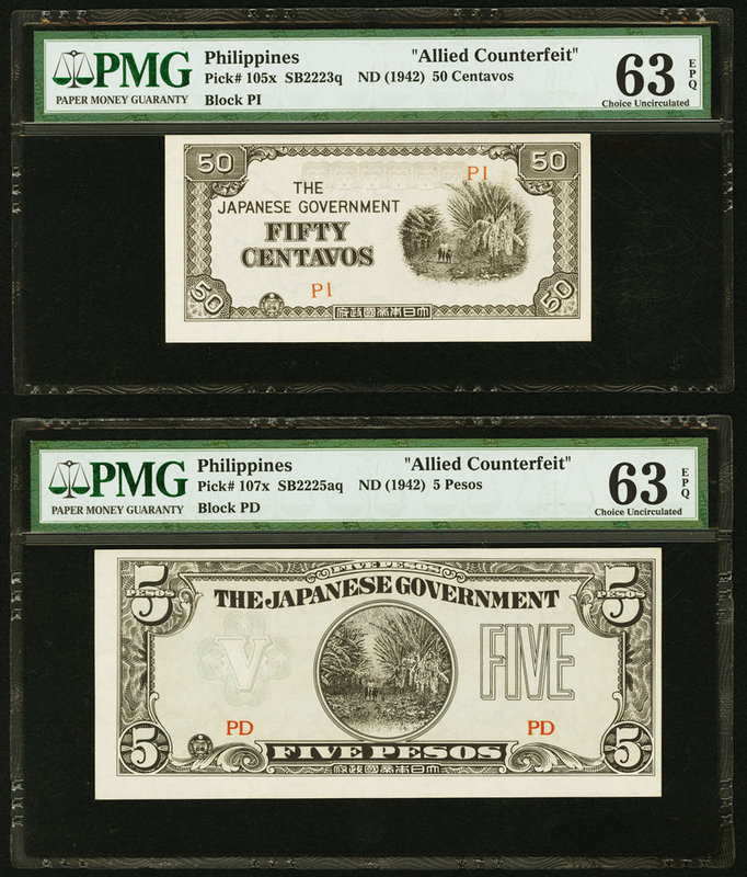 Philippines Allied Counterfeit 50 Centavos; 5 Pesos ND (1942) Pick 105x; 107x Tw...