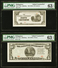 Philippines Allied Counterfeit 50 Centavos; 5 Pesos ND (1942) Pick 105x; 107x Two Examples PMG Choice Uncirculated 63 EPQ. Pick 105x; as made paper wr...
