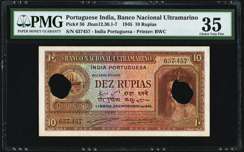Portuguese India Banco Nacional Ultramarino 10 Rupias 29.11.1945 Pick 36 PMG Cho...