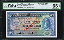 Saint Thomas and Prince Banco Nacional Ultramarino 500 Escudos 18.5.1956 Pick 39s Specimen PMG Gem Uncirculated 65 EPQ. Two POCs.

HID09801242017
