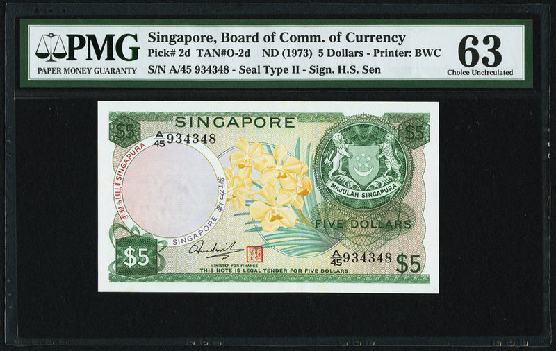 Singapore Board of Commissioners of Currency 5 Dollars ND (1973) Pick 2d PMG Cho...