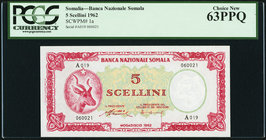 Somalia Banca Nazionale Somala 5 Scellini 1962 Pick 1a PCGS Choice New 63PPQ. 

HID09801242017