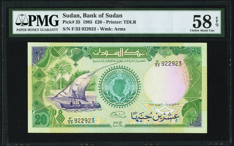 Sudan Bank of Sudan 20 Pounds 1985 Pick 35 PMG Choice About Unc 58 EPQ. 

HID098...
