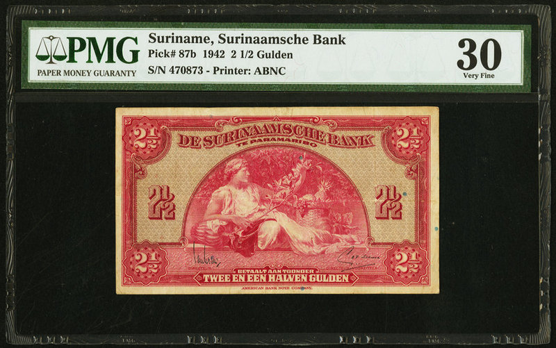 Suriname De Surinaamische Bank 2 1/2 Gulden 1.1.1942 Pick 87b PMG Very Fine 30. ...