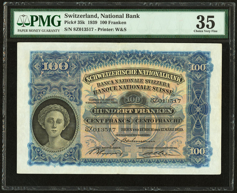 Switzerland National Bank 100 Franken 17.3.1939 Pick 35k PMG Choice Very Fine 35...