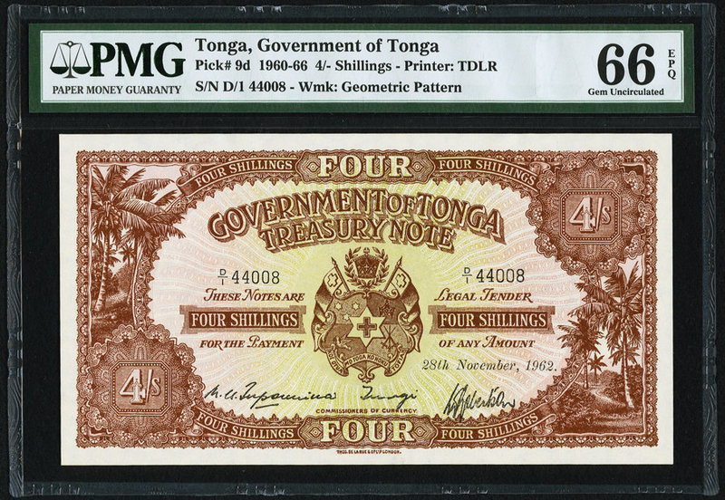 Tonga Government of Tonga 4 Shillings 28.11.1962 Pick 9d PMG Gem Uncirculated 66...