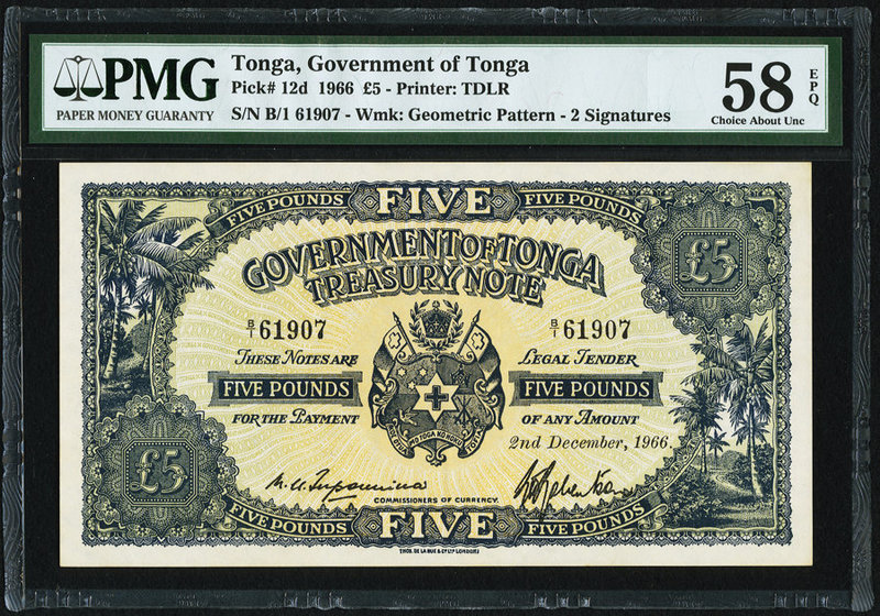 Tonga Government of Tonga 5 Pounds 2.12.1966 Pick 12d PMG Choice About Unc 58 EP...
