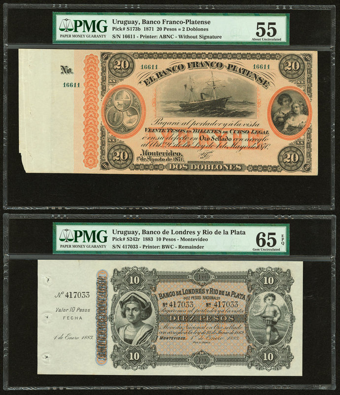 Uruguay Banco Franco-Platense; Banco de Londres y Rio de la Plata 20 Pesos = 2 D...