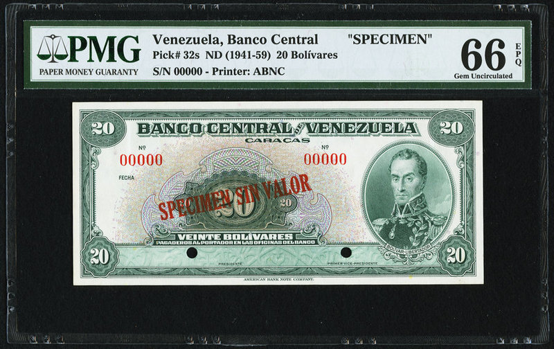 Venezuela Banco Central De Venezuela 20 Bolivares ND (1941-59) Pick 32s Specimen...