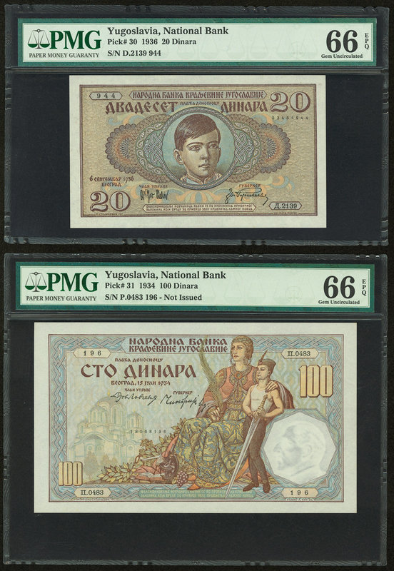 Yugoslavia National Bank 20; 100; 500 Dinara 6.9.1936; 1934; 1935 Pick 30; 31; 3...