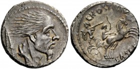 The Roman Republic 
 Imperatorial Issues 
 L. Hostilius Saserna. Denarius 48, AR 4.05 g. Bearded male head r.; behind, Gallic shield. Rev. L·HOSTILI...