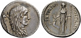 The Roman Republic 
 Imperatorial Issues 
 L. Hostilius Saserna. Denarius 48, AR 3.85 g. Female head r. with long hair; behind, carnyx . Rev. [L·]HO...