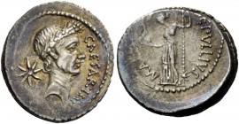 The Roman Republic 
 Imperatorial Issues 
 Julius Caesar and P. Sepullius Macer. Denarius 44, AR 3.97 g. CAESAR IMP Wreathed head of Caesar r.; behi...
