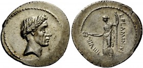 The Roman Republic 
 Imperatorial Issues 
 Denarius 43, AR 3.90 g. Laureate head of Caesar r. Rev. L·FLAMINIVS – IIII VIR Goddess standing l., holdi...