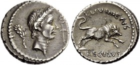 The Roman Republic 
 Imperatorial Issues 
 Denarius 42, AR 3.92 g. Laureate head of Caesar r.; behind, laurel branch and before, caduceus. Rev. L·LI...