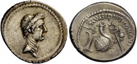 The Roman Republic 
 Imperatorial Issues 
 Julius Caesar and L. Mussidius Longus. Denarius 42, AR 4.12 g. Laureate head of J. Caesar r. Rev. L·MVSSI...