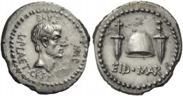 The Roman Republic 
 Imperatorial Issues 
 M. Iunius Brutus with L. Plaetorius Caestianus. Denarius, Northern Greece circa 43-42, AR 3.51 g. BRVT IM...