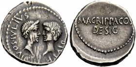 The Roman Republic 
 Imperatorial Issues 
 Octavianus and M. Vipsanius Agrippa. Denarius, mint moving with Octavian 38, AR 4.16 g. DIVOS IVLIVS – DI...