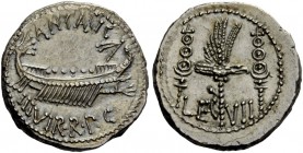 The Roman Republic 
 Imperatorial Issues 
 Marcus Antonius. Denarius, mint moving with M. Antony 32-31, AR 3.78 g. ANT AVG – III·VIR·R·P·C Galley r....