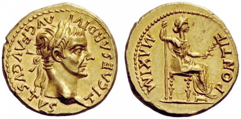 The Roman Empire 
 Tiberius, 14 – 37 
 Aureus, Lugdunum 14-37, AV 7.81 g. TI C...