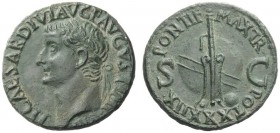 The Roman Empire 
 Tiberius, 14 – 37 
 As 36-37, Æ 8.83 g. TI CAESAR DIVI AVG F AVGVST [IMP VIII] Laureate head l. Rev. PONTIF – MAX TR – POT XXXIIX...