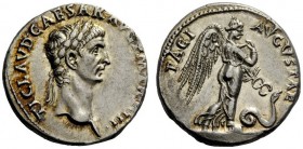 The Roman Empire 
 Claudius, 41 – 54 
 Denarius 43-44, AR 3.58 g. TI CLAVD CAESAR AVG P M TRP III Laureate head r. Rev. PACI – AVGVSTAE Pax-Nemesis,...