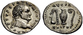 The Roman Empire 
 Vespasian, 69 – 79 
 Denarius 72-73, AR 3.54 g. IMP CAES VESP AVG P M COS IIII Laureate head r. Rev. AVGVR / TRI POT Priestly imp...