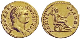 The Roman Empire 
 Titus caesar, 69 – 79 
 Aureus 73, AV 7.31 g. T CAESAR IMP – VESP CENS Laureate head r. Rev. PONTIF – TRI POT Titus seated r. on ...