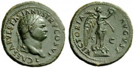 The Roman Empire 
 As 77-78, Æ 11.21 g. T CAESAR VESPASIANVS TR P COS VI Laureate head r. Rev. VICTORIA – AVGVST / S – C Victory standing r. on prow,...