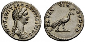 The Roman Empire 
 Domitia, wife of Domitian 
 Denarius 82-83, AR 3.56 g. DOMITIA AVGVSTA IMP DOMIT Draped bust r. Rev. CONCOR – DIA AVGVST Peacock ...