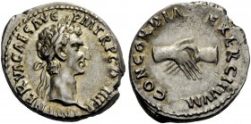 The Roman Empire 
 Nerva, 96 – 98 
 Denarius 97, AR 3.59 g. IMP NERVA CAES AVG – P M TR P COS III P P Laureate head r. Rev. CONCORDIA EXERCITVM Clas...