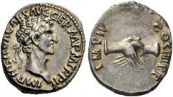 The Roman Empire 
 Nerva, 96 – 98 
 Denarius 97, AR 3.37 g. IMP NERVA CAES AVG GERM P M TR P II Laureate head r. Rev. IMP II – COS III P P Clasped h...