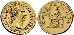 The Roman Empire 
 Trajan, 98 – 117 
 Aureus 98-99, AV 7.23 g. IMP CAES NERVA TRA – IANI AVG GERM Laureate head r. Rev. P M T – R P COS II P P Roma ...