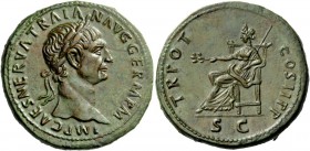 The Roman Empire 
 Trajan, 98 – 117 
 Sestertius 98-99, Æ 27.82 g. IMP CAES NERVA TRAIA – N AVG GERM P M Laureate head r. Rev. TR POT – COS II P P P...