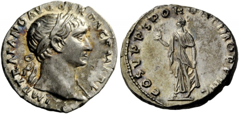 The Roman Empire 
 Trajan, 98 – 117 
 Denarius circa 107-108, AR 3.57 g. IMP T...