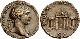 The Roman Empire 
 Trajan, 98 – 117 
 As circa 107-108, Æ 9.40 g. IMP CAES NERVAE TRAIANO AVG GER DAC P M TR P COS V P P Laureate head r., drapery o...